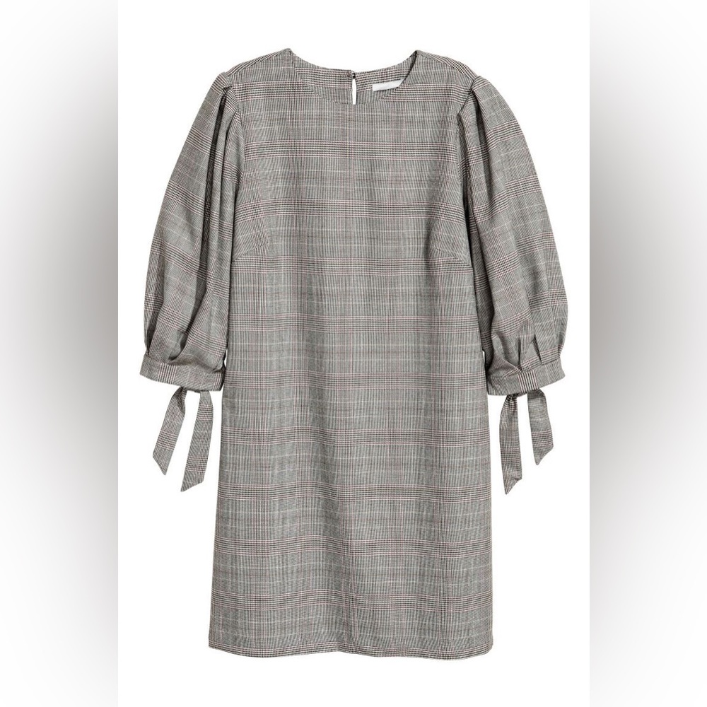 H&M Gray Plaid Houndstooth Puffed-Sleeve Dress size US 2